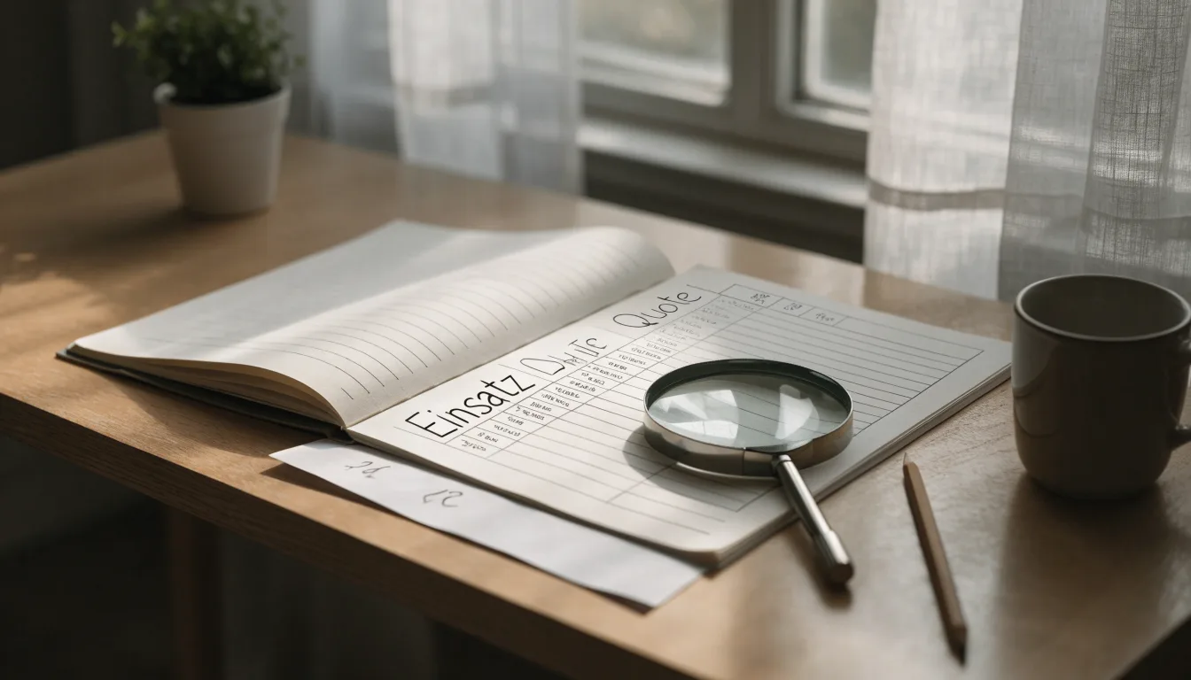Ein schmaler Schreibtisch am Fenster mit einem Notizbuch, einer Lupe und einem Bleistift im Morgenlicht.