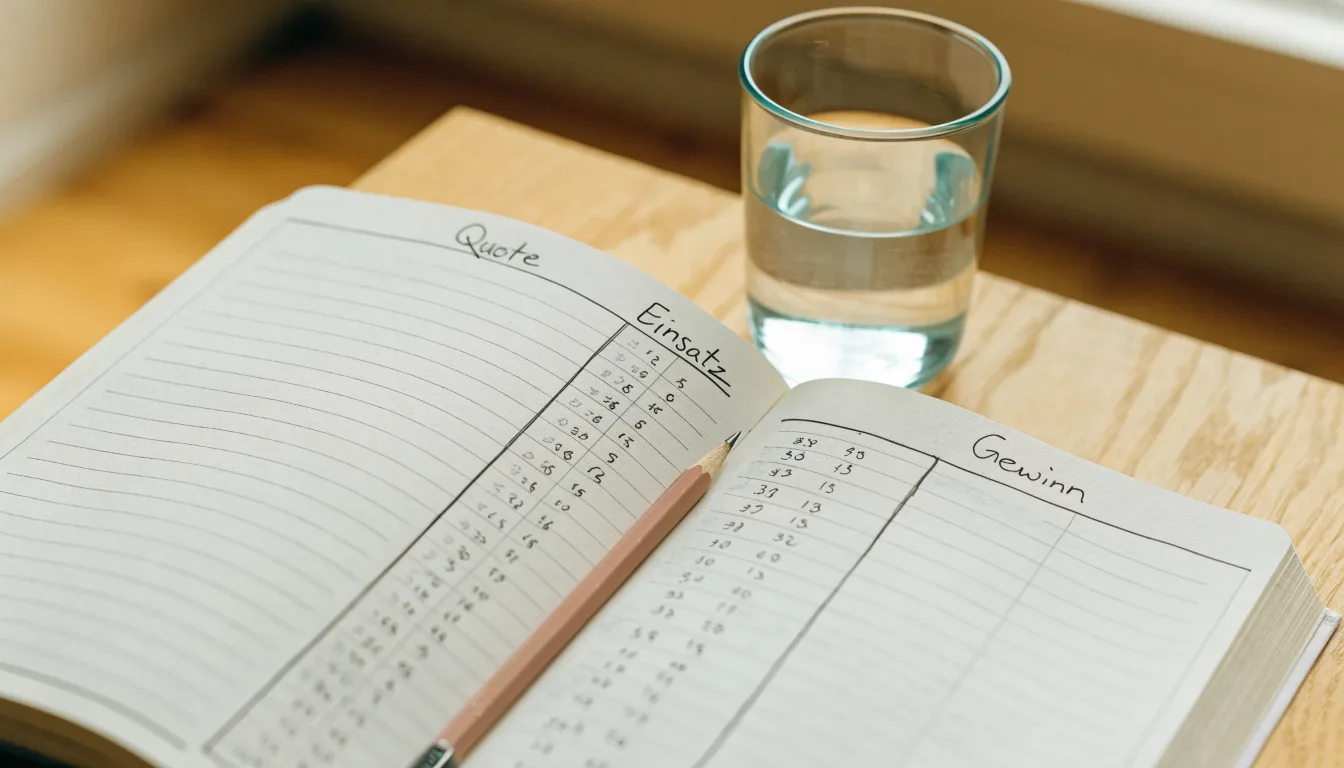 Ein Notizbuch mit handgezeichneten Spalten und ein Bleistift liegen auf einem hellen Holztisch neben einem Glas Wasser.
