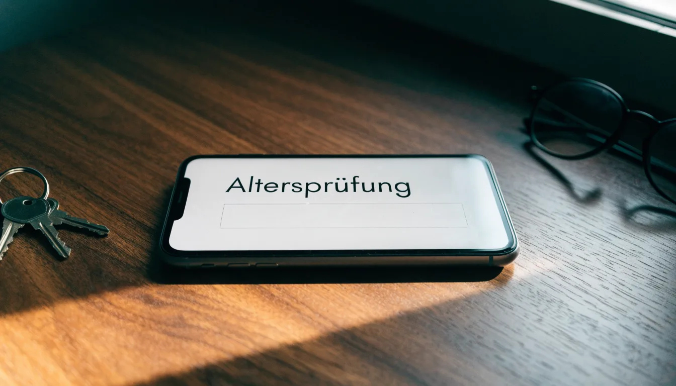 Ein Smartphone liegt mit dunklem Display auf einem Schreibtisch neben einem Schlüsselbund und einer Brille.