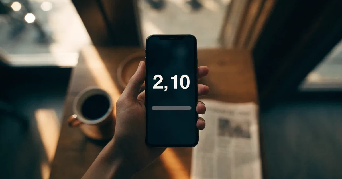 Eine Hand hält ein Smartphone mit dunklem Display, im Hintergrund unscharf ein Café-Tisch mit einer Tasse.