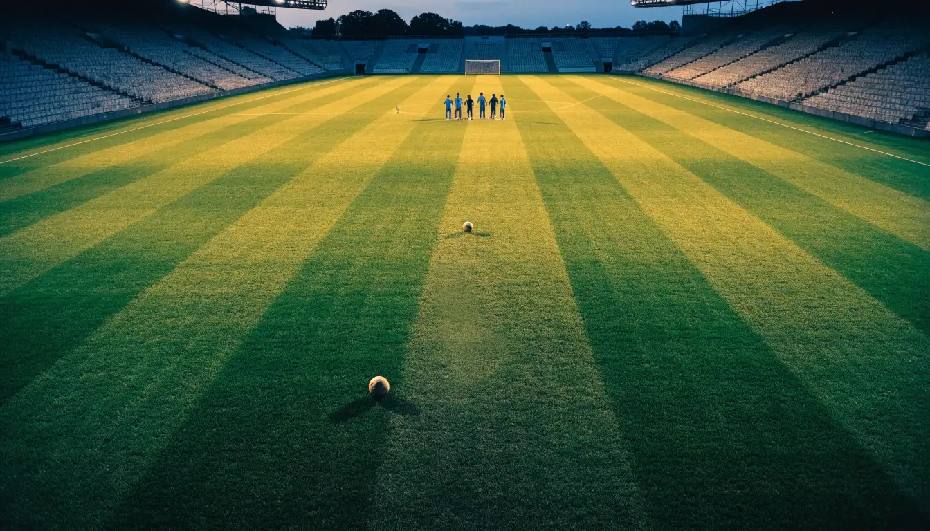 Eine leere Stadiontribüne unter Flutlicht aus der Ferne betrachtet, die Rasenfläche leuchtet grün in der Dämmerung.
