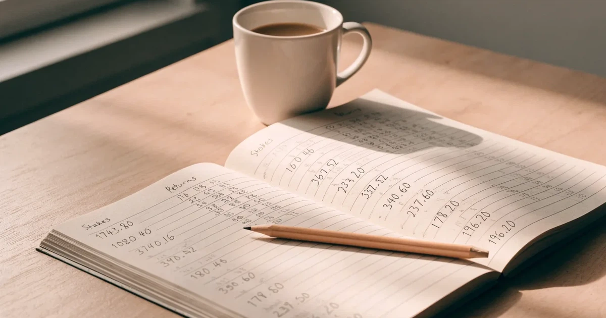 Handschriftliche Zahlenkolonnen in einem Notizbuch, daneben ein Bleistift und eine Tasse Kaffee auf hellem Holz.