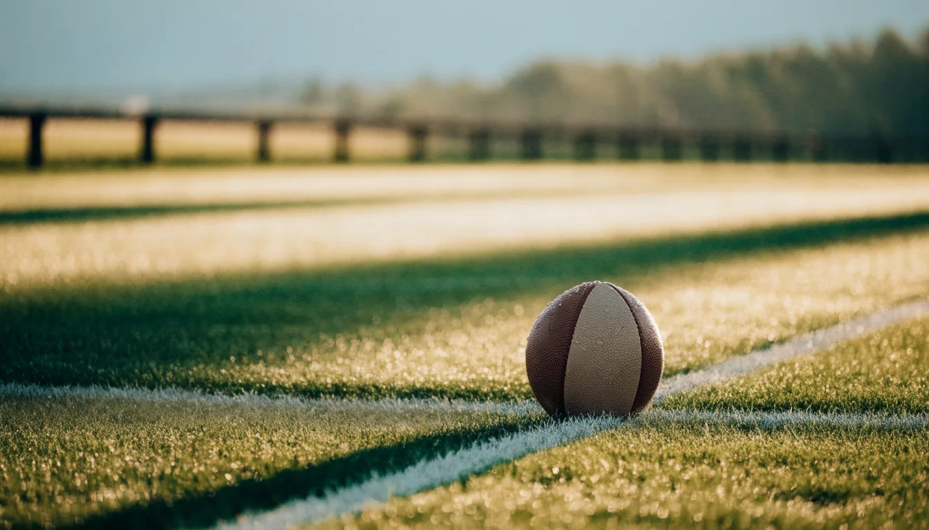 Ein Fußball liegt am Rand eines Rasens neben einer weißen Linie, im Hintergrund ein Zaun in der Abendsonne.