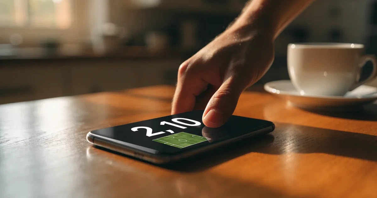 Ein Daumen schwebt über einem Smartphone mit dunklem Display, das auf einem Küchentisch neben einer Tasse liegt.