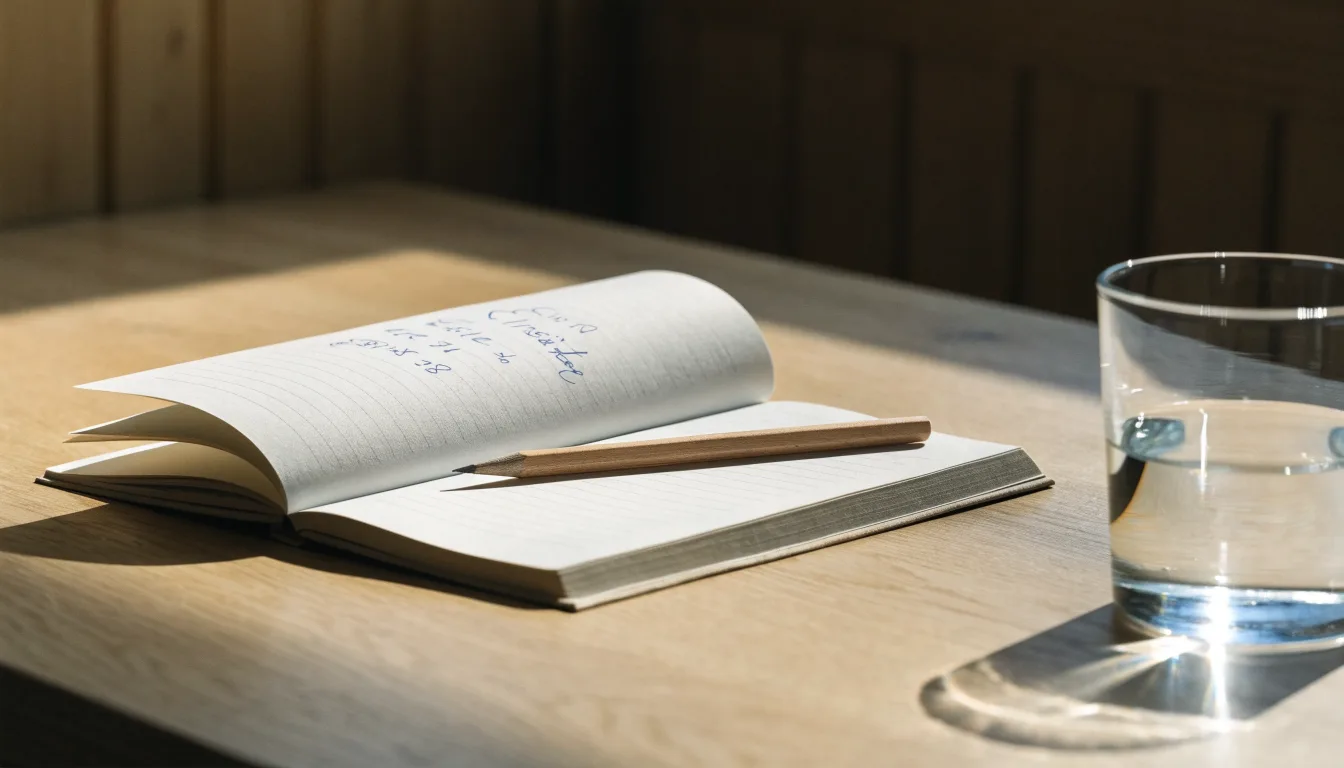 Ein Notizbuch und ein Bleistift liegen neben einem Glas Wasser auf einem hellen Tisch.