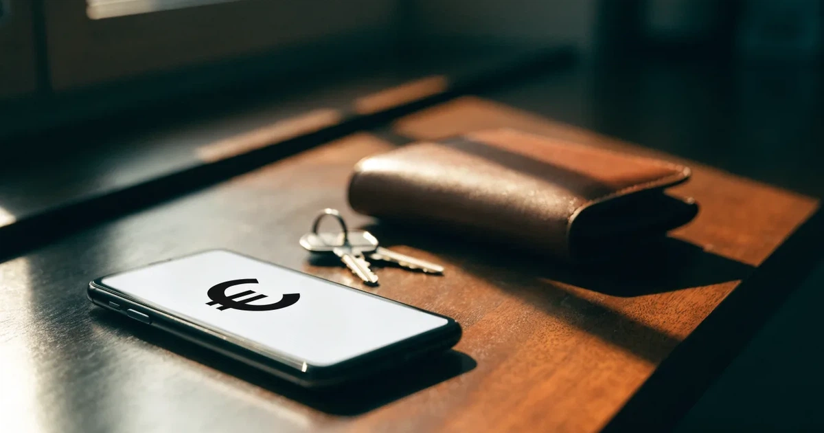 Ein Smartphone mit dunklem Display liegt neben einer Geldbörse und einem Schlüssel auf einem Tisch.