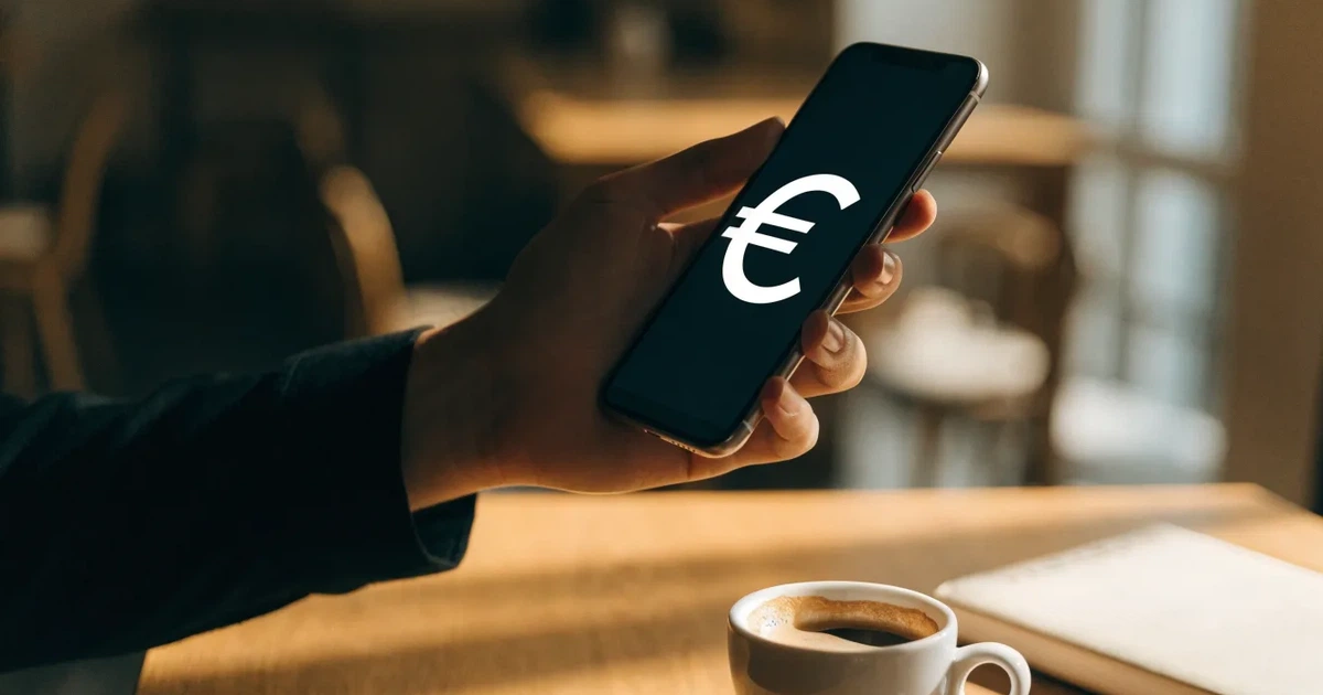 Eine Hand hält ein Smartphone dicht an ein Kartenlesegerät ohne erkennbare Beschriftung in einem Café.
