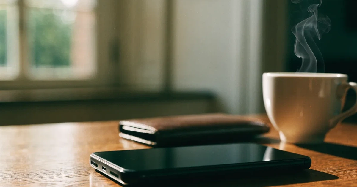 Ein Smartphone mit dunklem Display liegt auf einem Tisch neben einer Geldbörse und einer Tasse Kaffee.