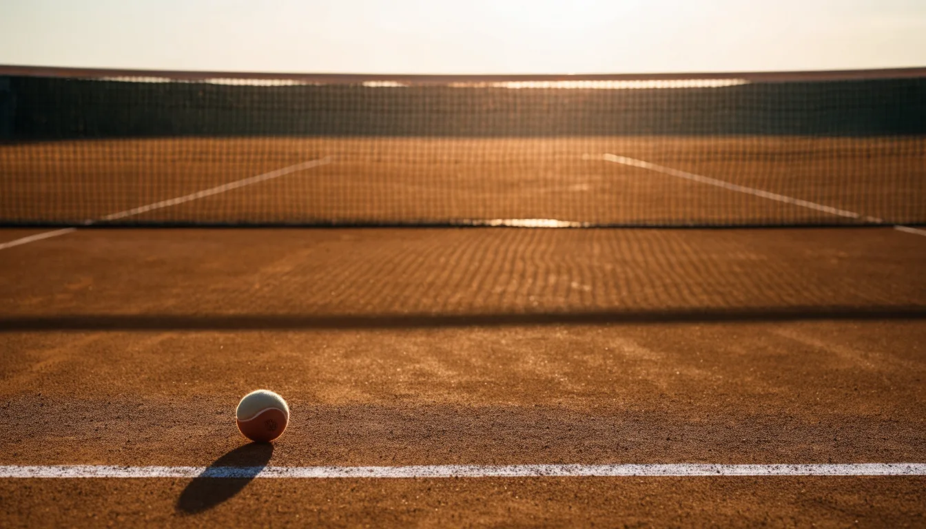 Ein Tennisplatz aus Sand bei Sonnenaufgang, das Netz im Gegenlicht, kein Mensch zu sehen.