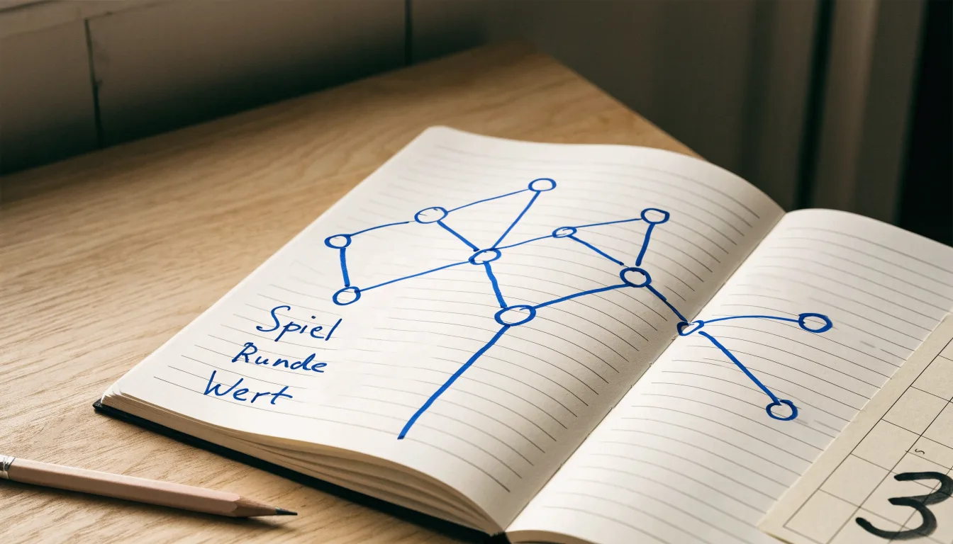 Ein Notizbuch mit handgezeichneten Knoten und Linien liegt neben einem Bleistift auf einem Schreibtisch.