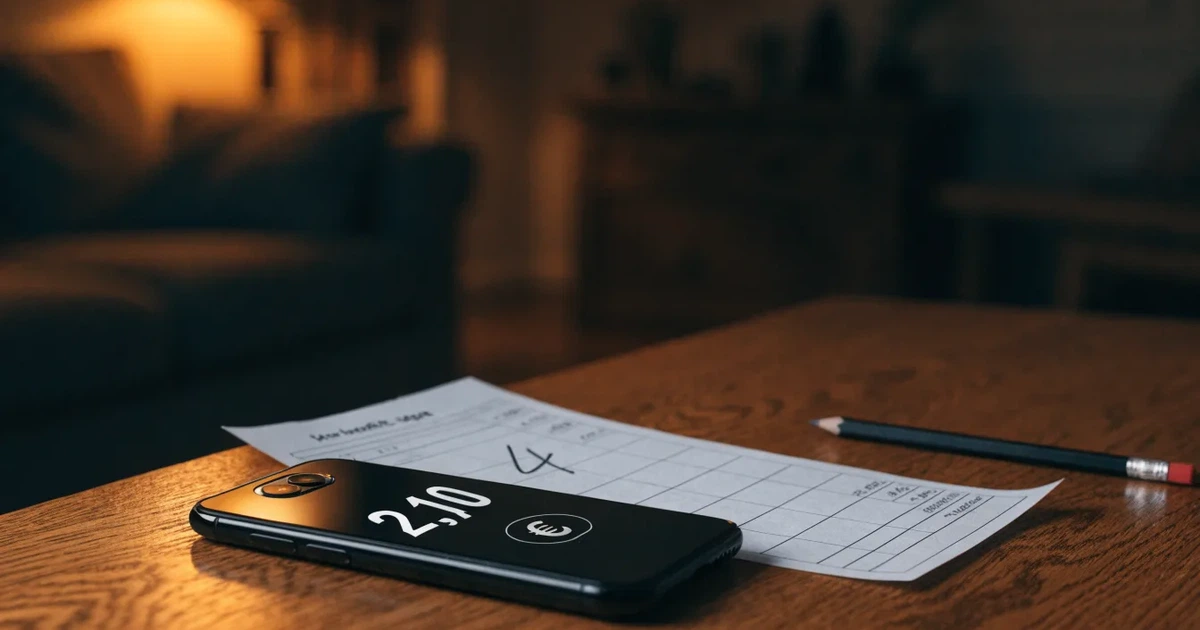 Eine einzelne goldfarbene Münze ohne Prägung liegt auf einem dunklen Tisch, daneben ein ausgeschaltetes Smartphone.