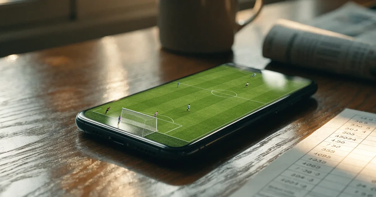 Ein Stadion unter Flutlicht aus großer Entfernung gesehen, davor ein regennasser Parkplatz in der Dämmerung.