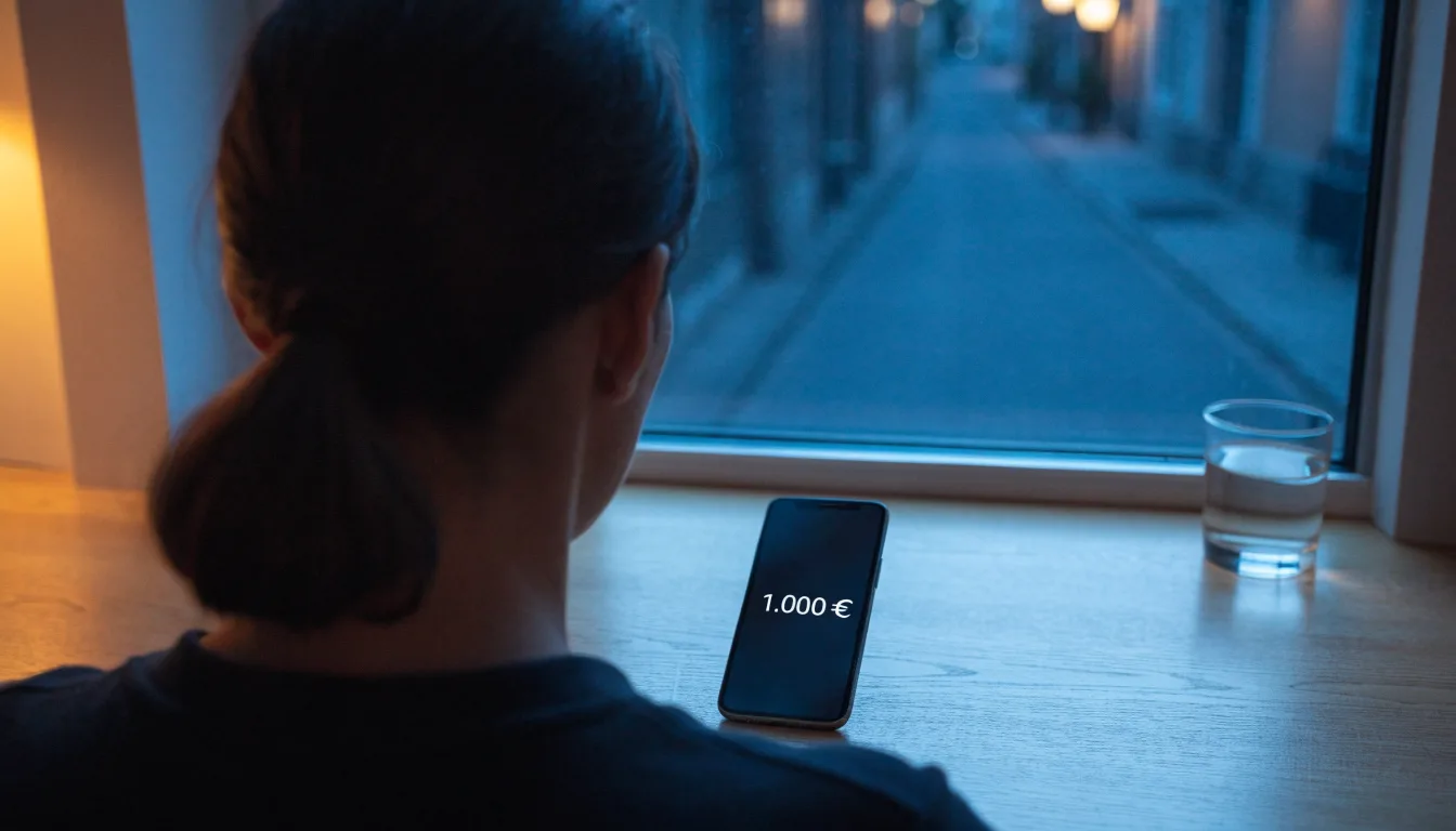 Die Silhouette einer Person sitzt am Abend am Fenster und blickt auf eine Straße, auf dem Fensterbrett steht ein Glas Wasser.