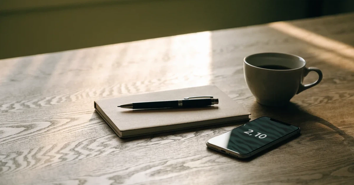 Ein Holzschreibtisch im Morgenlicht mit geschlossenem Notizbuch, Kugelschreiber und Kaffeetasse, daneben ein Smartphone mit dunklem Bildschirm.