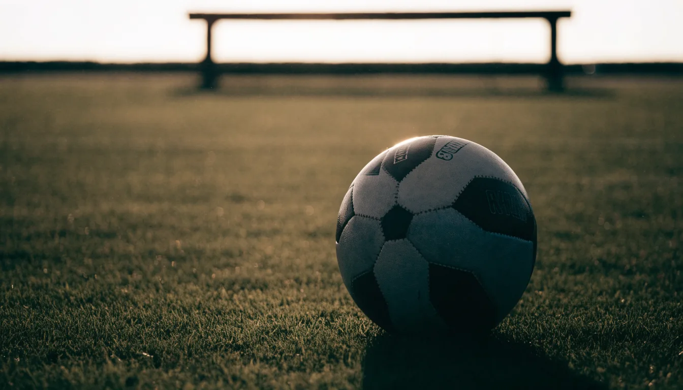 Ein Fußball auf einem Rasenplatz im Gegenlicht der tiefstehenden Sonne, am Spielfeldrand eine leere Ersatzbank.