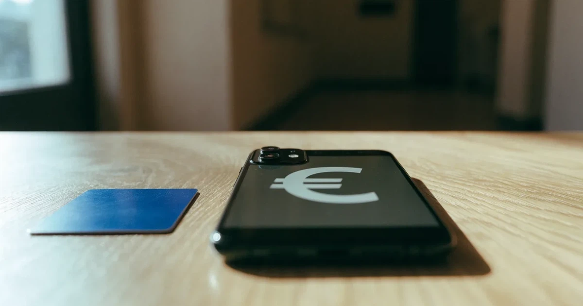 Ein Smartphone mit dunklem Bildschirm liegt neben einer Geldbörse und wenigen Münzen auf einem Holztisch im weichen Fensterlicht.