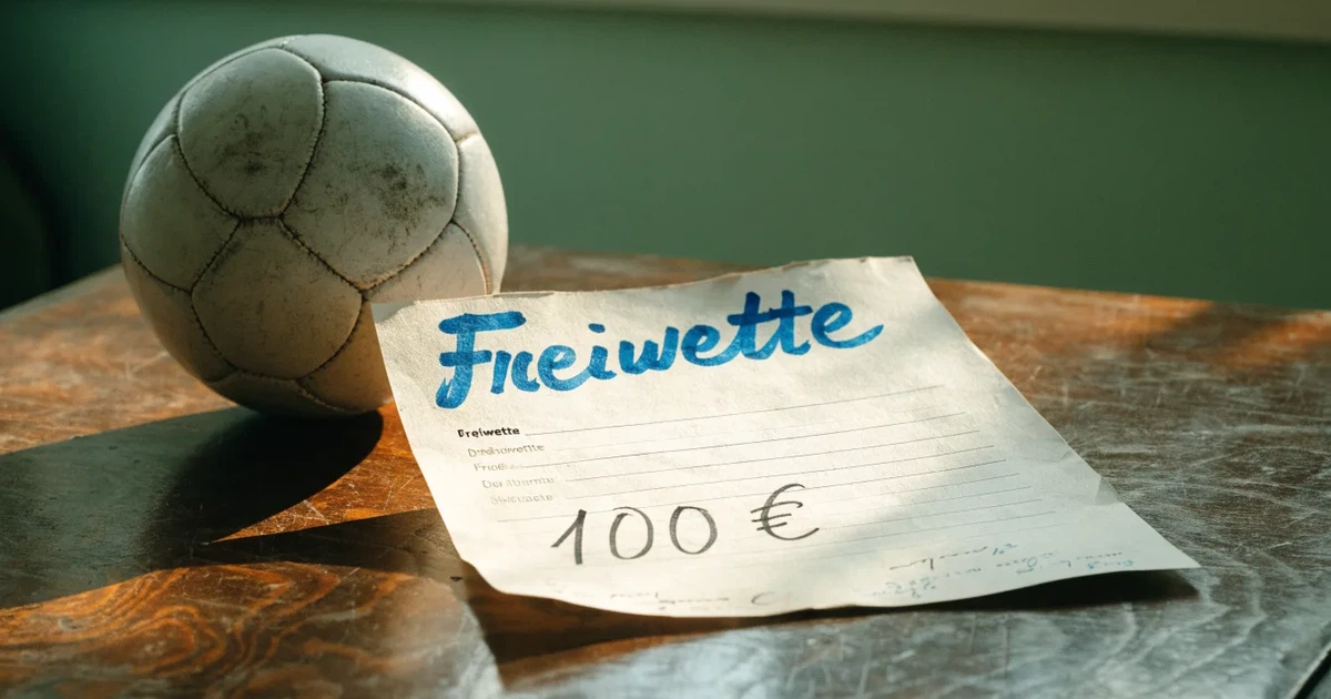 Ein Geschenkband liegt neben einem Fußball auf einem Holzboden, gedämpftes Licht fällt von einem Fenster herein.