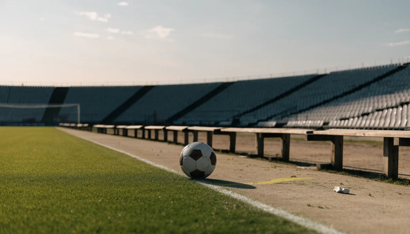 Ein Fußball liegt am Spielfeldrand eines Rasenplatzes, im Hintergrund eine leere Tribüne unter hellem Himmel.