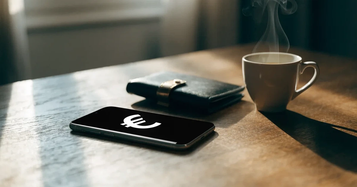 Ein Smartphone mit dunklem Bildschirm liegt auf einem Holztisch neben einem Portemonnaie und einer Kaffeetasse im Fensterlicht.