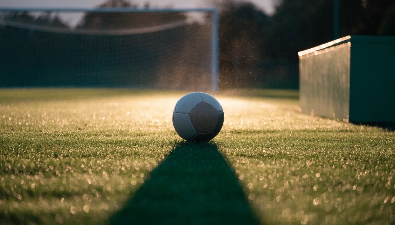 Ein Fußball auf einem Rasenplatz im Gegenlicht der tiefstehenden Sonne, am Rand eine leere Ersatzbank.