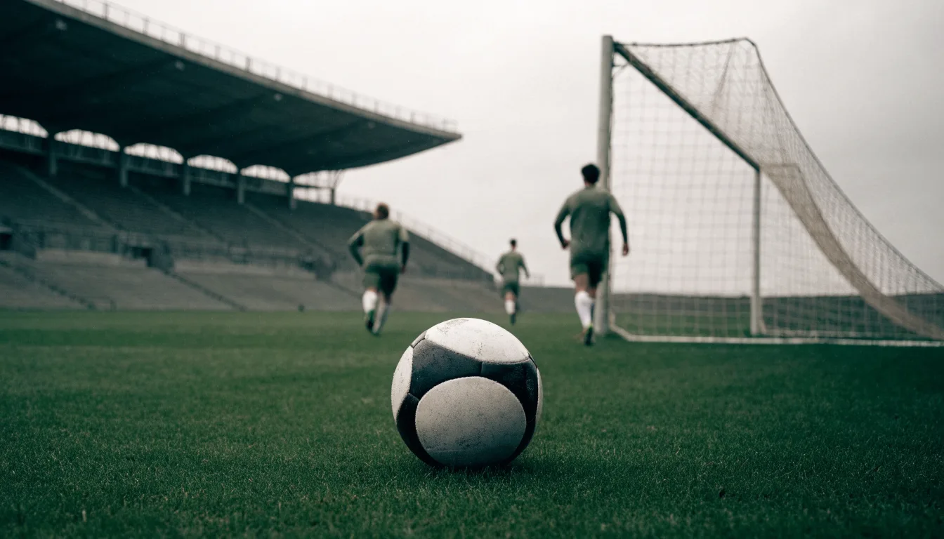 Ein Fußball auf einem Rasen, im Hintergrund ein leeres Stadion bei bewölktem Himmel.