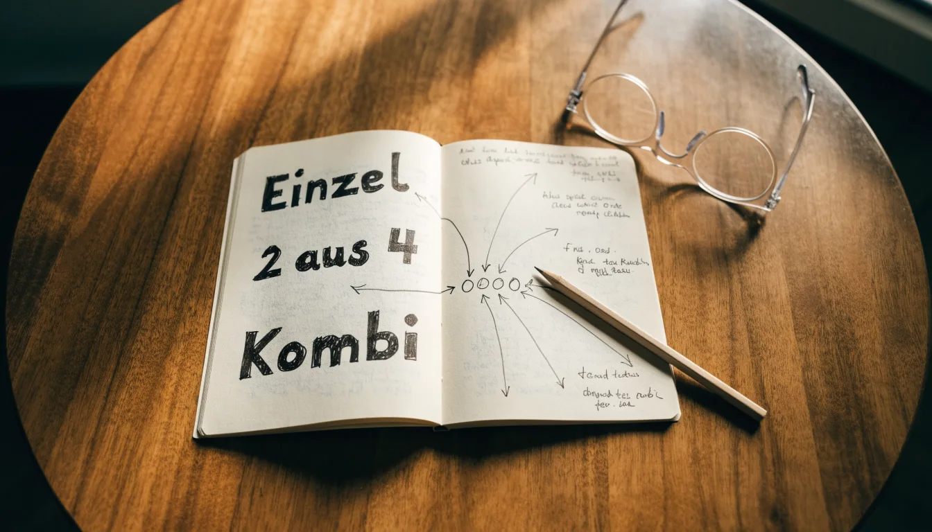 Ein Block mit handgezeichneten Pfeilen und ein Bleistift auf einem Holztisch, daneben eine Brille.