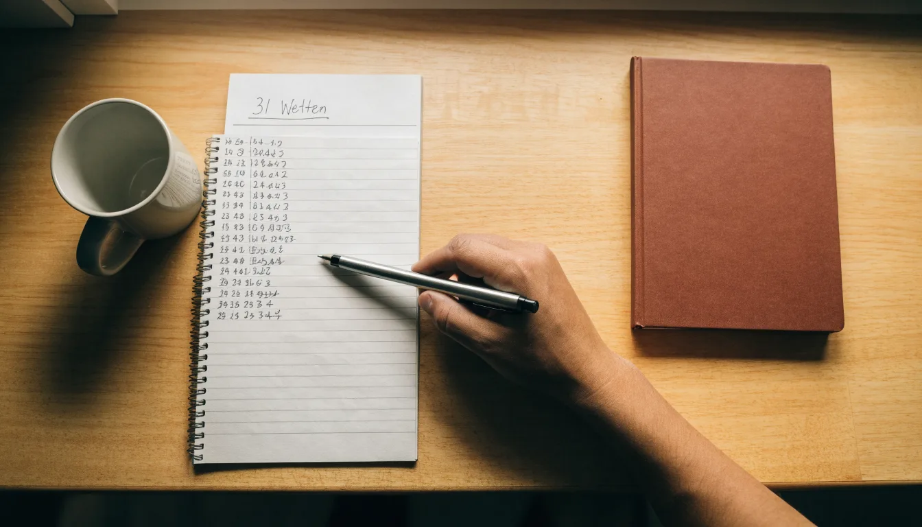 Ein Taschenrechner und ein Notizbuch mit handschriftlichen Zahlenreihen auf einem Schreibtisch neben einem Kugelschreiber.