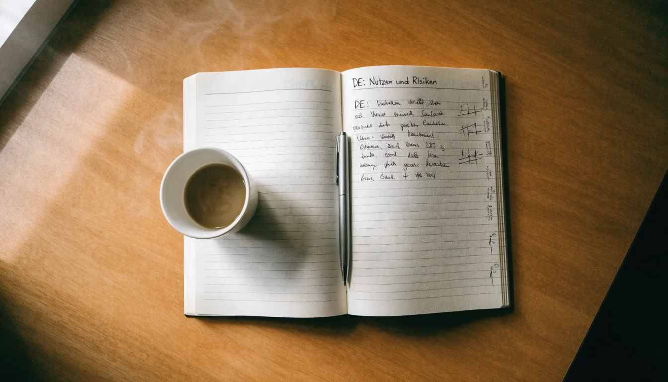 Ein aufgeschlagenes leeres Notizbuch mit Kugelschreiber neben einer Tasse Kaffee auf einem Tisch am Fenster.
