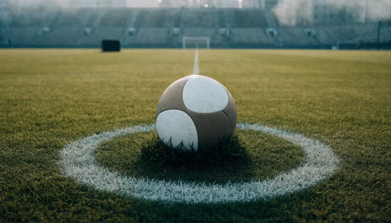 Ein Fußball liegt auf dem Anstoßpunkt eines leeren Rasenplatzes, im Hintergrund hängt Morgendunst über den Tribünen.