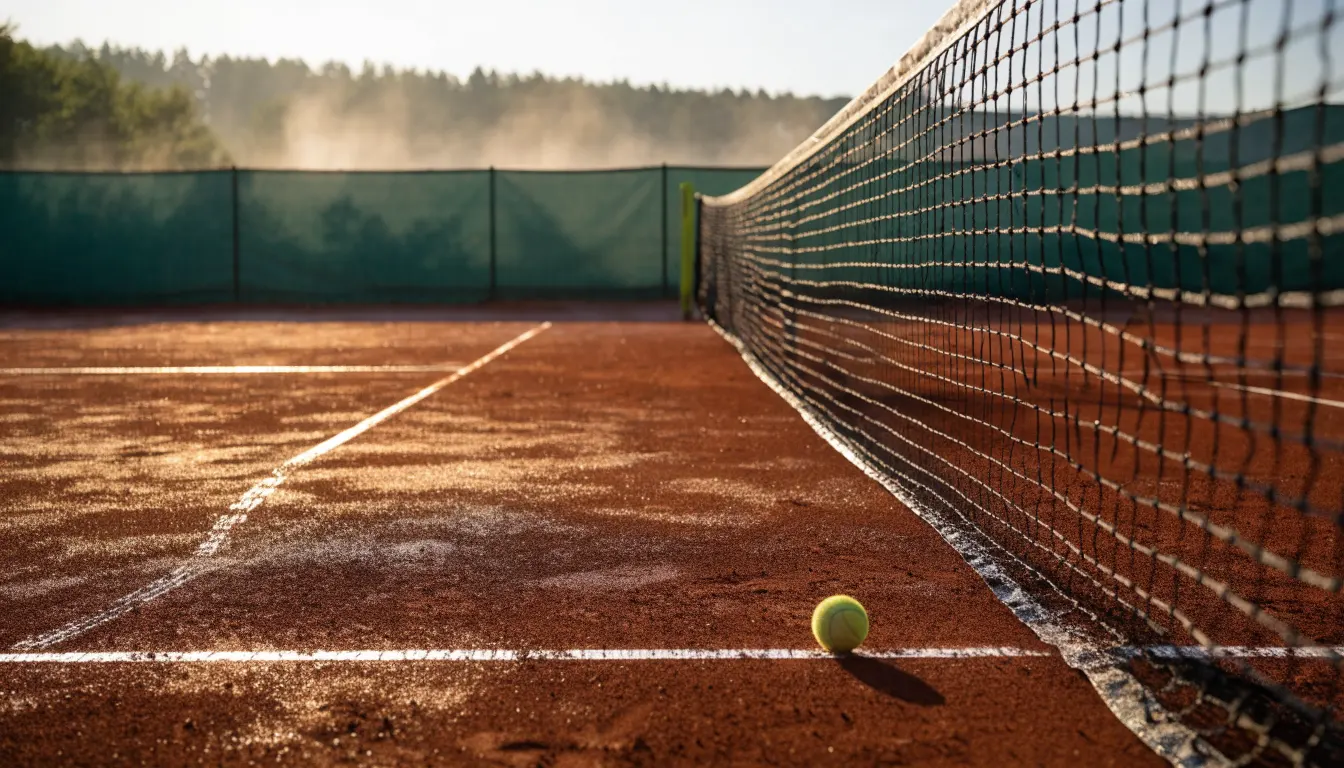 Ein Tennisplatz bei Sonnenaufgang, die Linien noch taufeucht, ein einzelner Ball liegt an der Grundlinie.