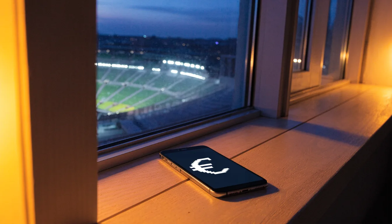 Ein leeres Stadion mit hell erleuchteten Rängen in der Abenddämmerung, von einem Hügel aus fotografiert.