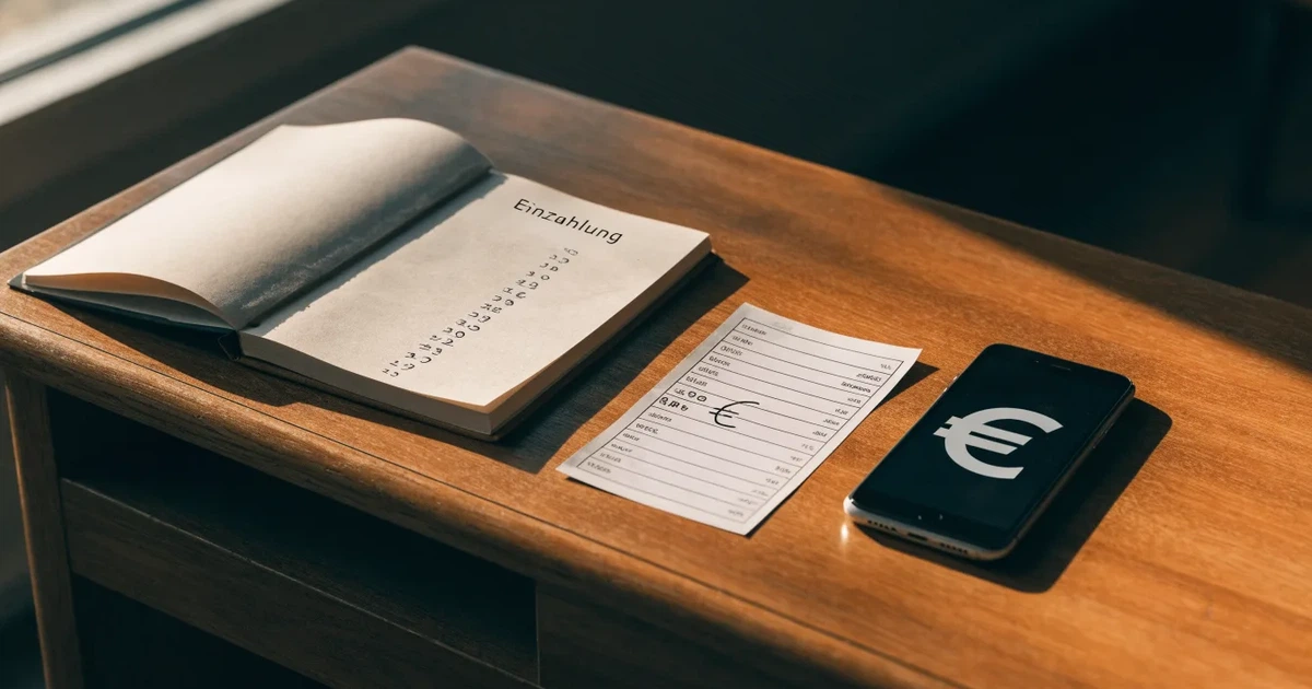 Ein paar Euro-Münzen und ein einzelner Geldschein liegen neben einem aufgeschlagenen Notizbuch mit handschriftlichen Zahlenreihen auf einem Schreibtisch.
