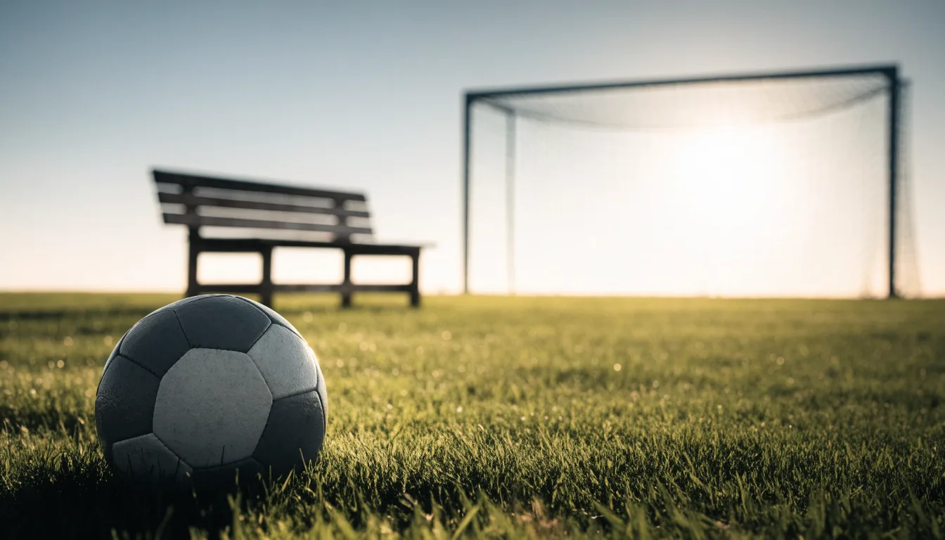 Ein Fußball liegt im Gras am Spielfeldrand, dahinter eine leere Bank und ein Tor im Gegenlicht.