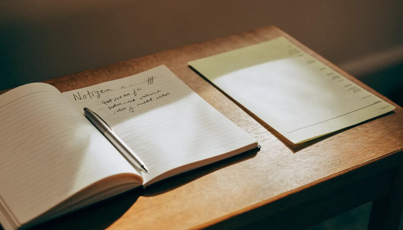 Ein Notizbuch mit handschriftlichen Notizen liegt aufgeschlagen neben einem leeren Papier-Wettschein auf einem Holztisch.