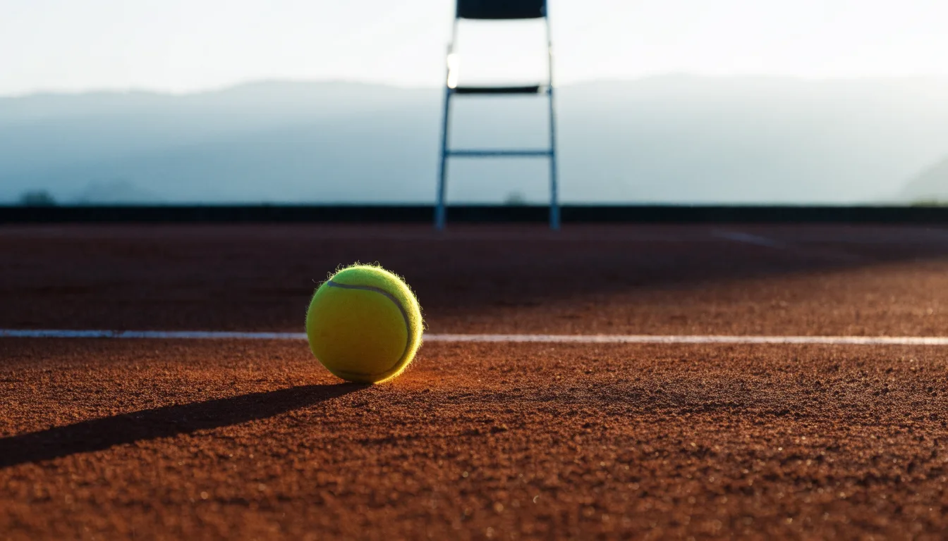 Ein Tennisball liegt auf einem roten Sandplatz bei Sonnenaufgang, im Hintergrund ein leerer Schiedsrichterstuhl.
