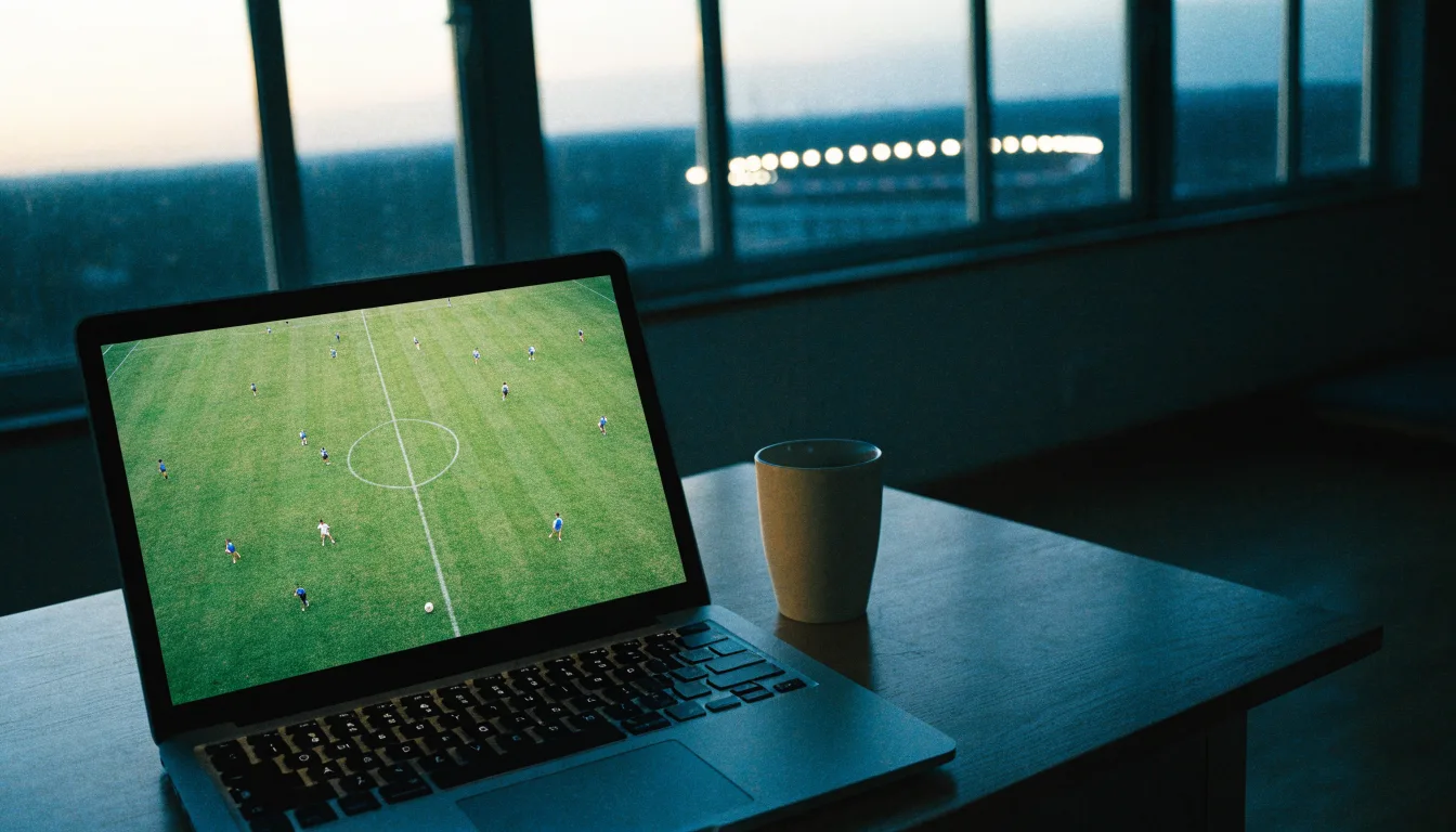 Ein Stadion unter Flutlicht aus der Ferne, davor ein stilles Feld im Dämmerlicht.