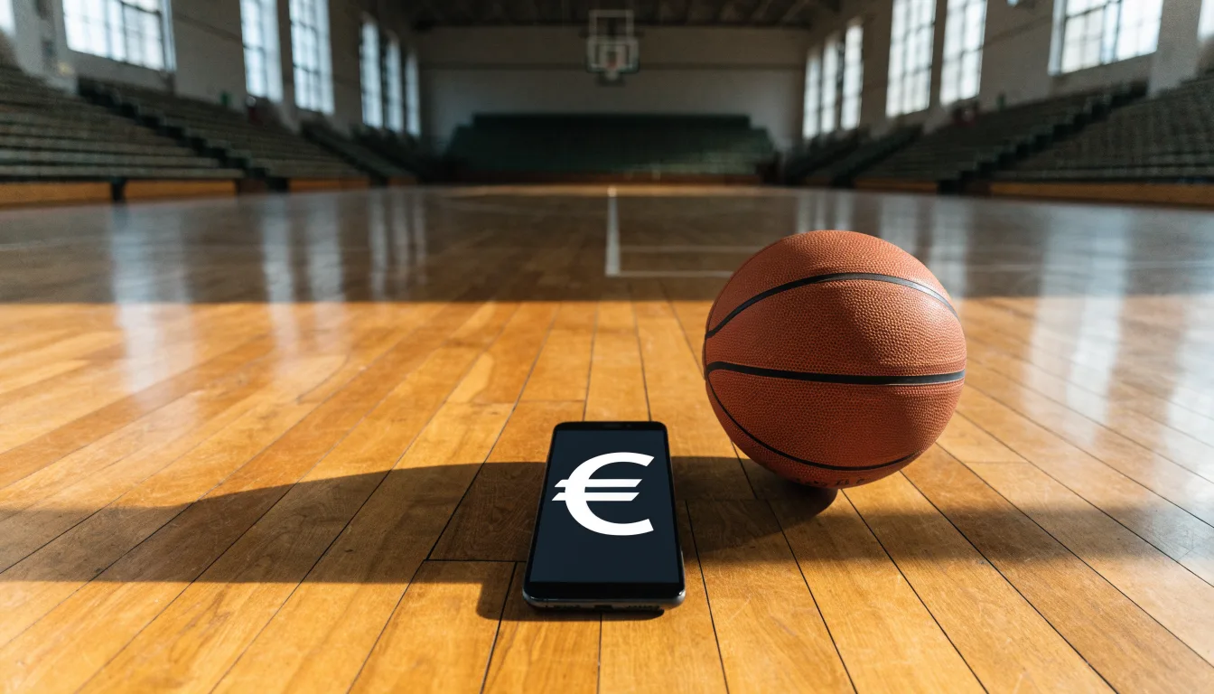 Ein Basketball liegt auf dem Parkett einer leeren Halle, Licht fällt durch hohe Fenster.