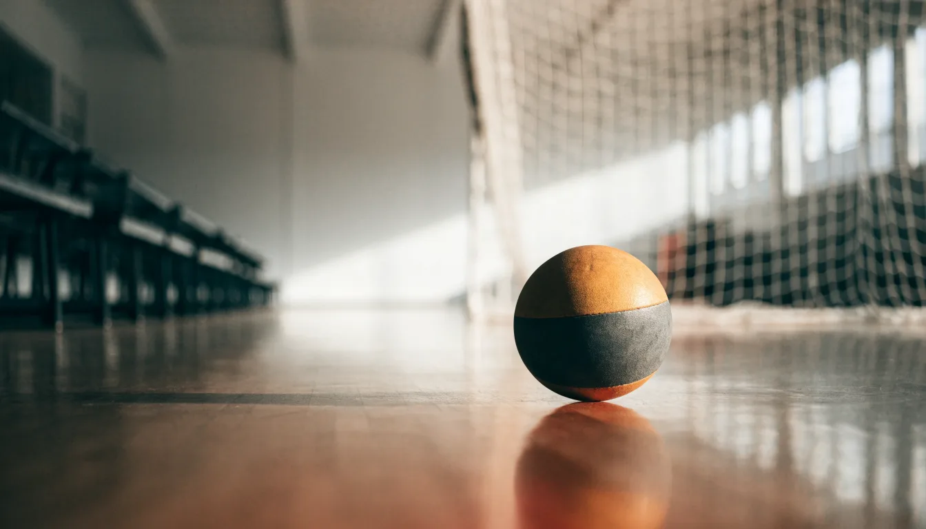 Ein Handball liegt in einer leeren Halle auf dem Boden vor dem Tor.