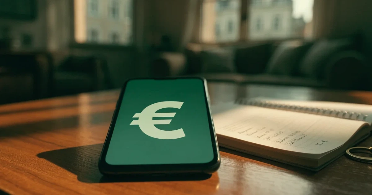 Ein Handy mit abgedunkeltem Display, ein Schlüsselbund und ein Notizblock liegen auf einem Holztisch.