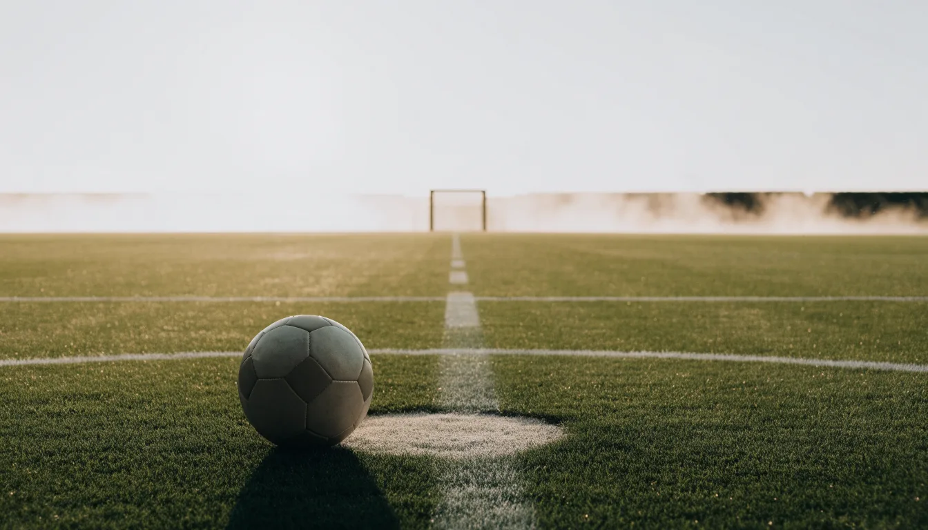 Ein Fußball liegt auf dem Anstoßkreis eines leeren Rasenplatzes im frühen Morgenlicht.
