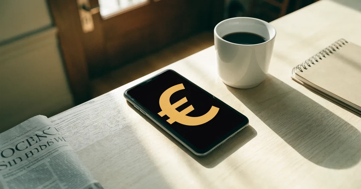 Ein Smartphone mit dunklem Display liegt neben einer Kaffeetasse und einem Notizbuch auf einem Küchentisch.