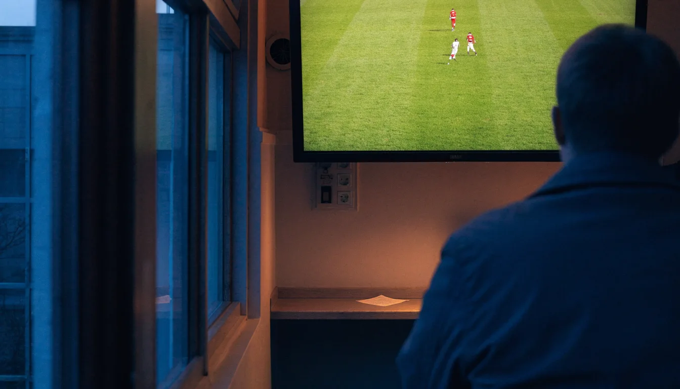 Ein Stadion unter Flutlicht aus großer Entfernung, davor die Silhouetten von Bäumen im Abendhimmel.