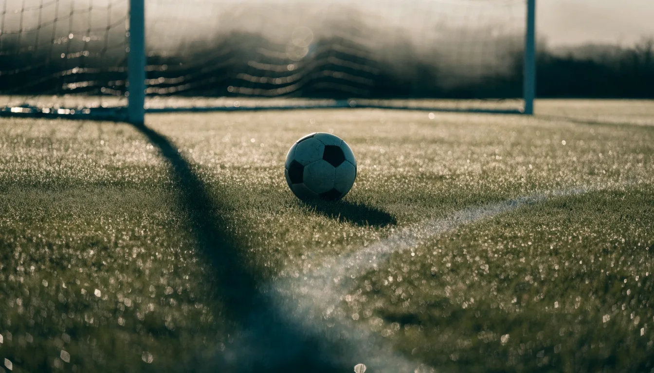Ein Fußball auf dem Rasen vor einem leeren Tor im frühen Morgenlicht.