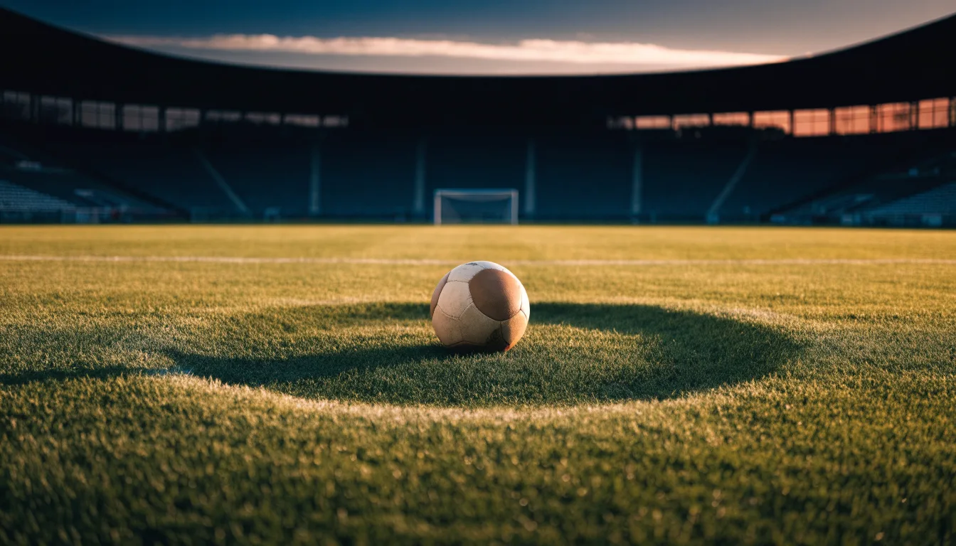 Ein Fußball liegt in der Mitte eines leeren Rasenplatzes, am Horizont färbt sich der Himmel orange.