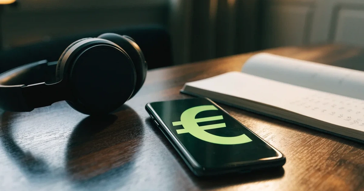 Ein Smartphone mit schwarzem Display liegt neben Kopfhörern auf einem Schreibtisch, daneben ein aufgeschlagenes Notizbuch.