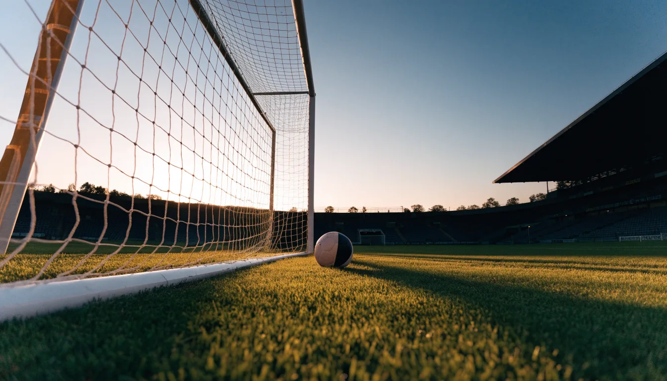 Ein Fußball liegt im Strafraum eines leeren Platzes, dahinter die Netze des Tores im Abendlicht.