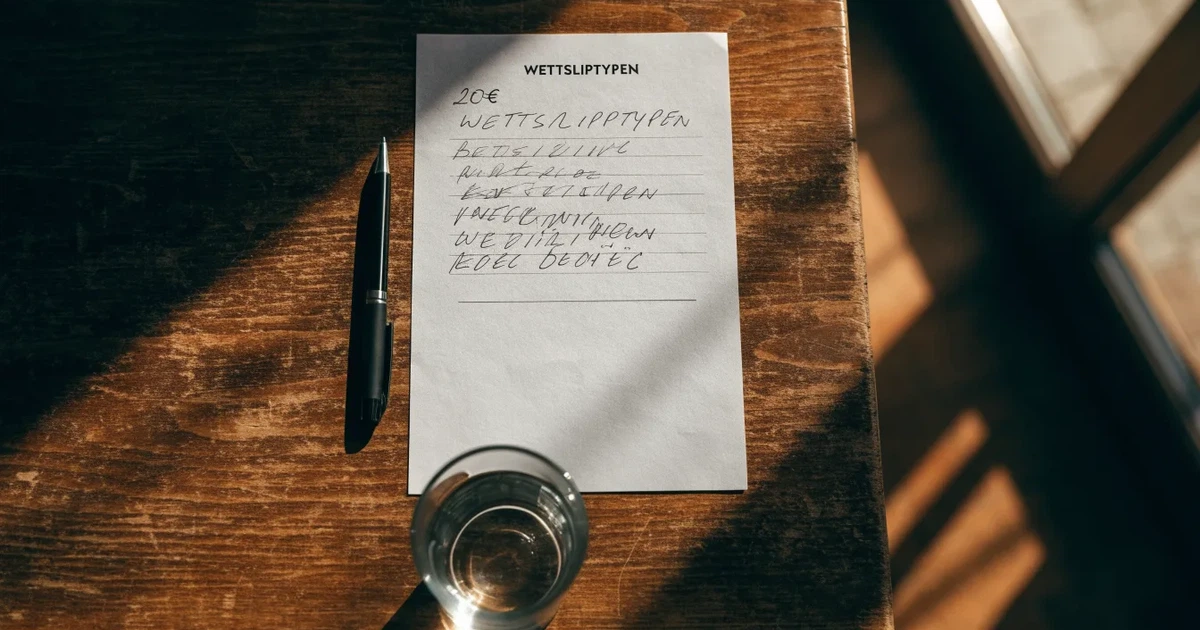 Ein leerer Papier-Wettschein liegt zusammen mit einem Kugelschreiber auf einem Tisch, daneben ein Glas Wasser.