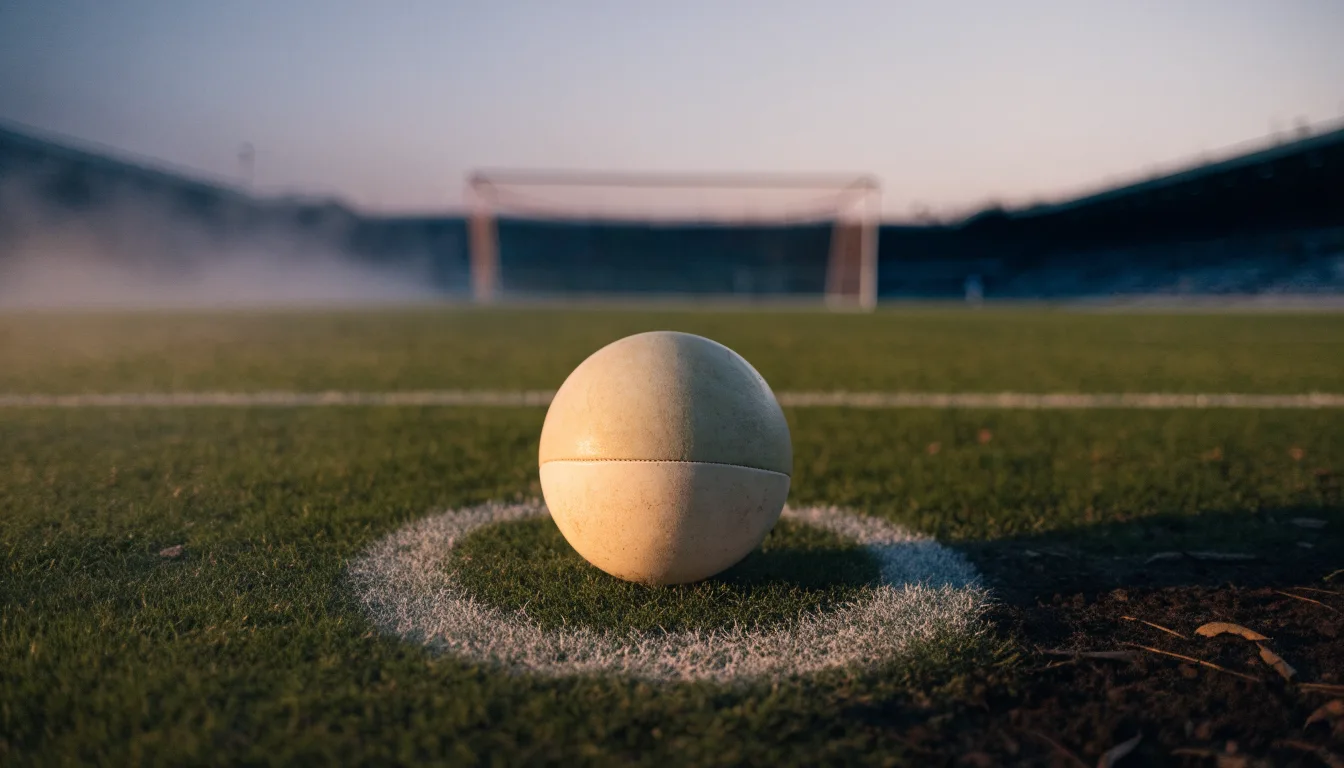 Ein Fußball liegt auf dem Elfmeterpunkt eines leeren Platzes im Abendlicht.