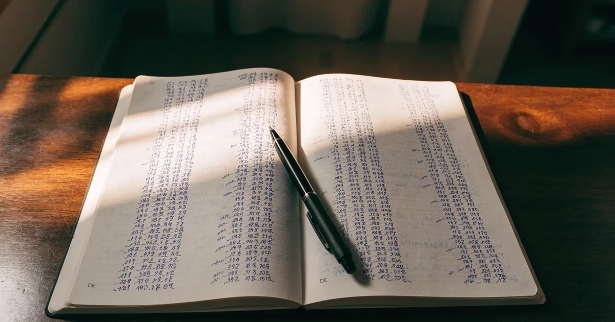 Ein Notizbuch mit handschriftlichen Zahlenreihen und Strichlisten liegt neben einem Taschenrechner auf einem Schreibtisch.