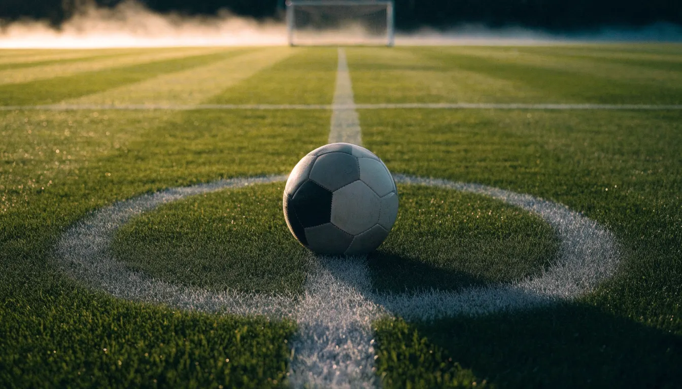 Ein Fußball auf dem Mittelkreis eines leeren Rasenplatzes im frühen Morgenlicht.